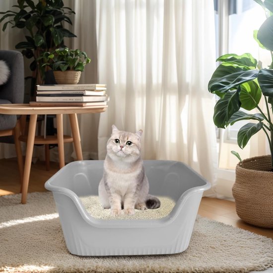 Grijze kattenbak met hoge rand, gevuld met kattenbakvulling. Een zittende kat kijkt omhoog, in een woonkamer.