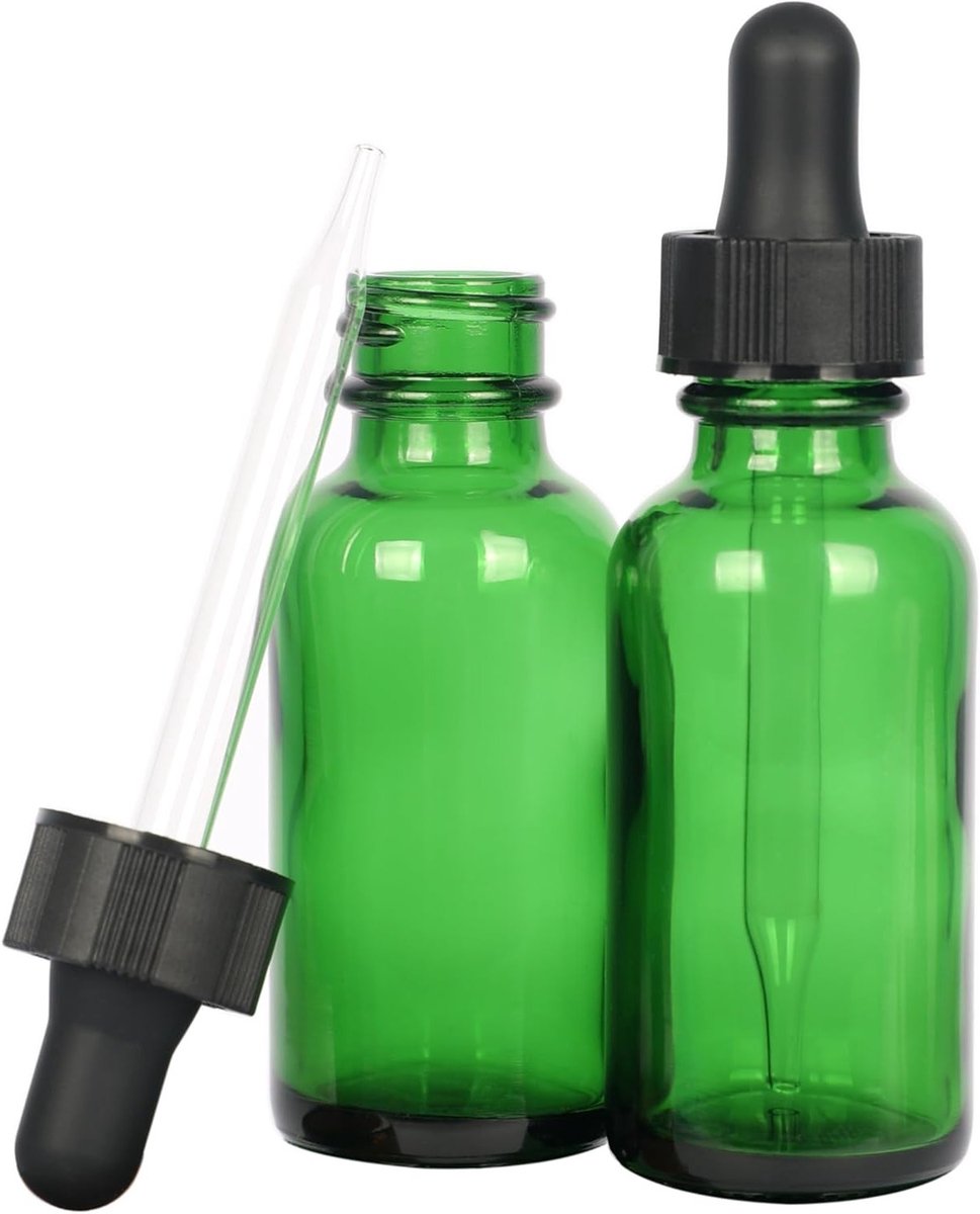 Ronde glazen flessen met druppelaars in groen - 30 ml - Set van 2 voor oliën en serums
