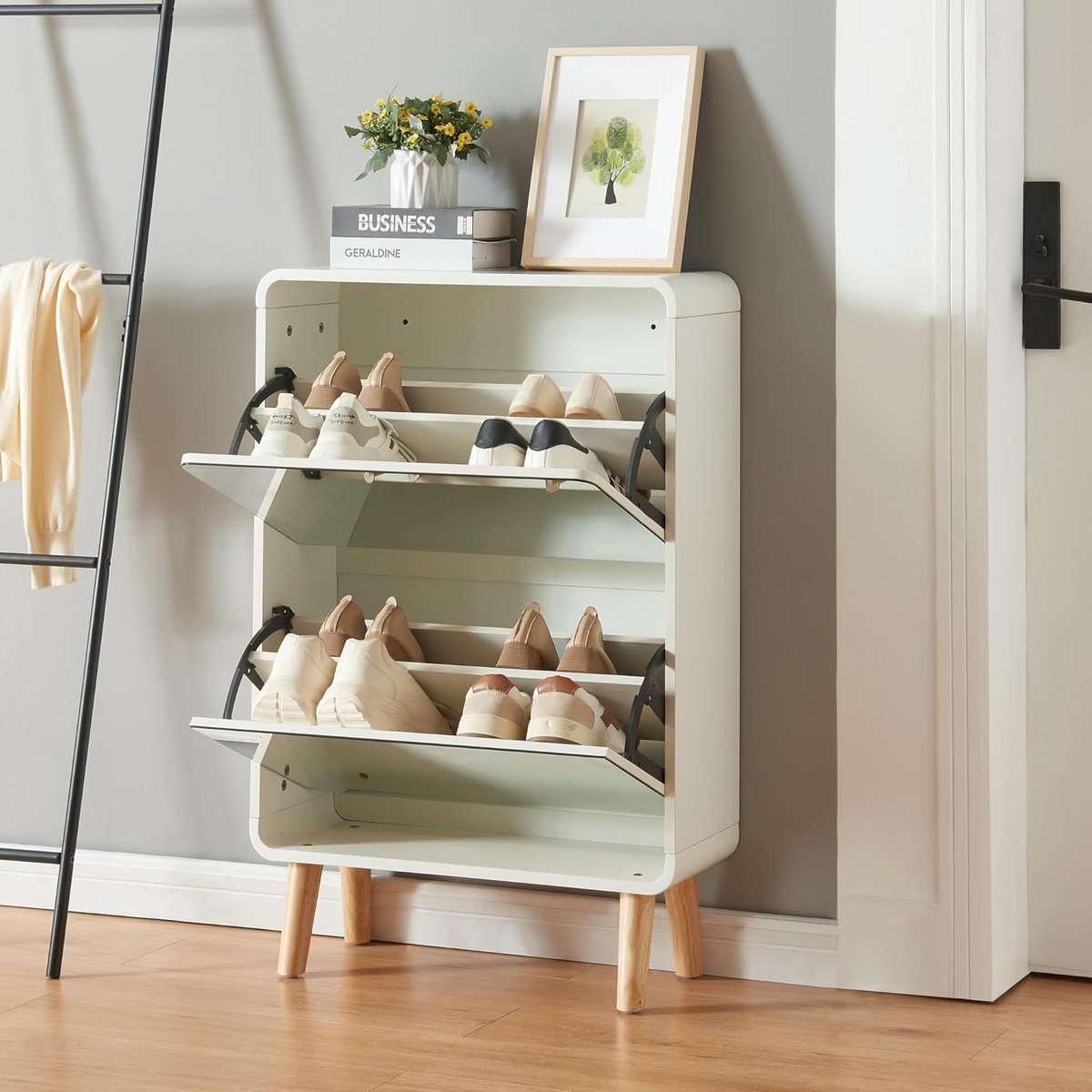 Schoenenkast met Spiegel – House&Garden Schoenenkast 2 Kleppen 8 Paar Schoenen Opbergkast Wit – Ruimtebesparende Schoenencommode Hal Kast 96 x 63 x 24 cm – Moderne Schoenenopslag met Spiegeldeuren