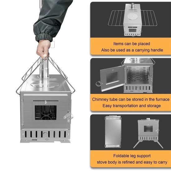 Velori Tentkachel Houtkachel - Camping Kachel met Schoorsteen - Draagbare Houtbrander - RVS Tent Stove - Outdoor Kookkachel - Inclusief Draagtas — afbeelding 2
