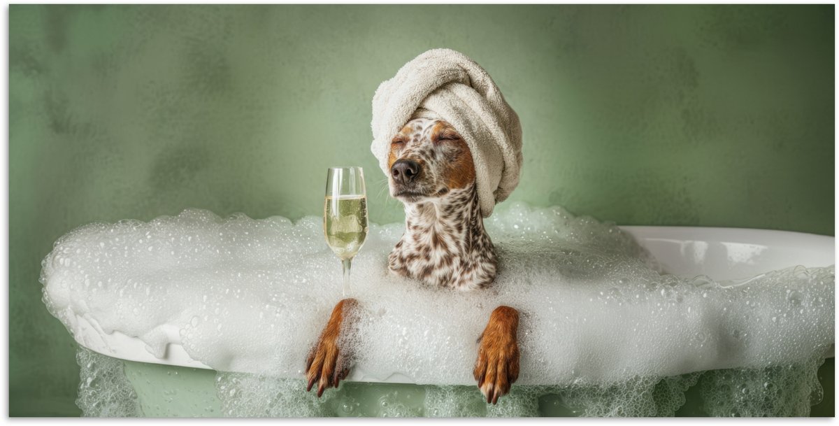 Poster 40x20 cm - Hond - Bad - Champagne - Handdoek - Posters - Kamer decoratie - Wanddeco