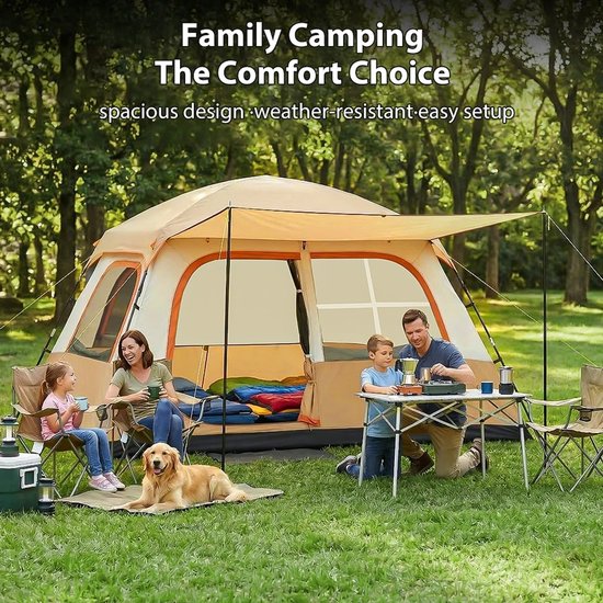 Velmio Familie Glampingtent - Khaki - Tunnel tent - 4-6 Personen - UV bescherming - Zonbescherming - Oxford Materiaal - 2 Slaapkamers + Woonruimte - Muggengaas - Waterafstotend - voor Kamperen en Glamping - Camping - Festival - Beige — afbeelding 2