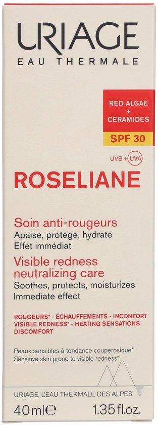 Uriage Roseliane tube met SPF 30, rode algen + ceramiden, voor zichtbare roodheid neutraliserende zorg, 40 ml.