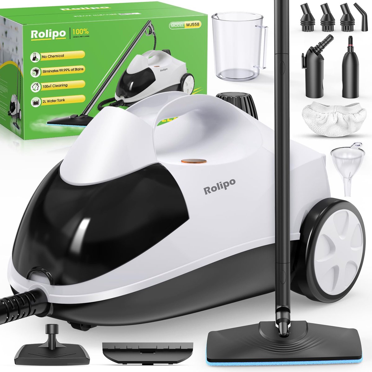 Rolipo Stoomreiniger - 2000 W - Tapijtreiniger -4 bar - 2 L watertank - 40 min gebruiksduur - vloerreinigingsset - mondstukken & ronde borstel - voor vloeren, bank, bekleding & auto