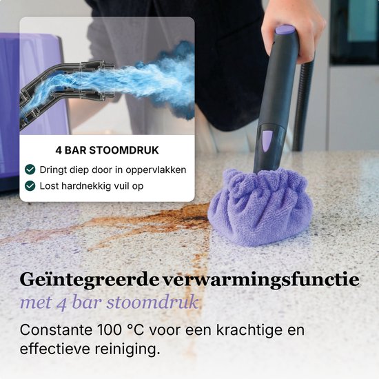 Handen gebruiken stoomreiniger met 4 bar drukpunt op een vuil aanrechtblad. Stevig vuil wordt opgelost.