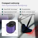 Paarse Motionflow stoomreiniger met afmetingen 25x40x27cm. Het apparaat is compact met ergonomische handgreep.