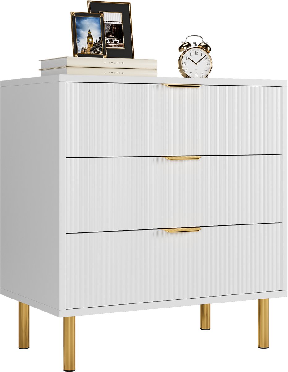 Ladekast Met 3 Lades - Geribbeld Front -Gouden Grepen & Poten - 71x43x76 cm - Wit