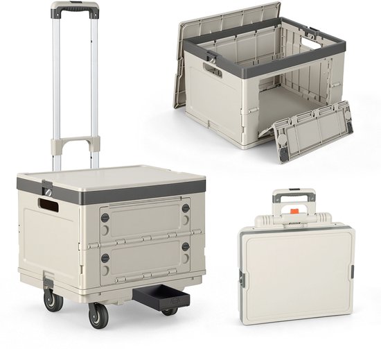 Beige opvouwbare krat met wielen, inklapbaar met handvatten, met uitgetrokken telescopische handgreep en een kleine lade.
