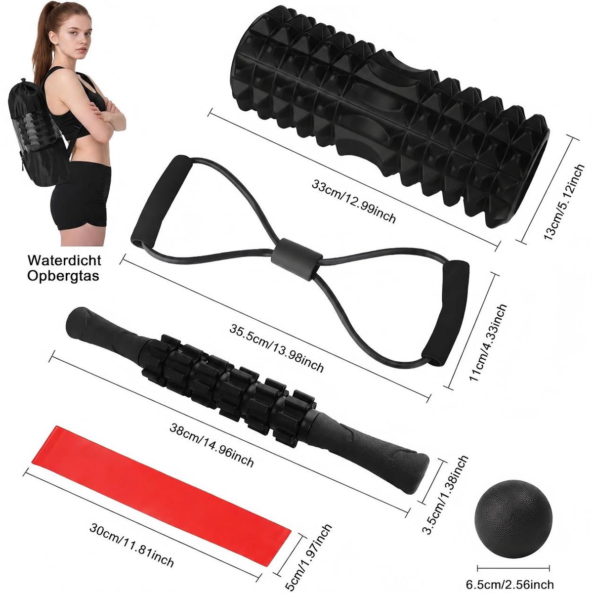 Foam Roller 10-in-1 set - 33 cm Massageroller met Massagebal voor Rug en Nek (belastbaar tot 120 kg) - Inclusief massagebal, massagestick en weerstandsbanden - voor verlichting van rug en nek, yoga, pilates, fitness, herstel en flexibiliteit thumbnail 6