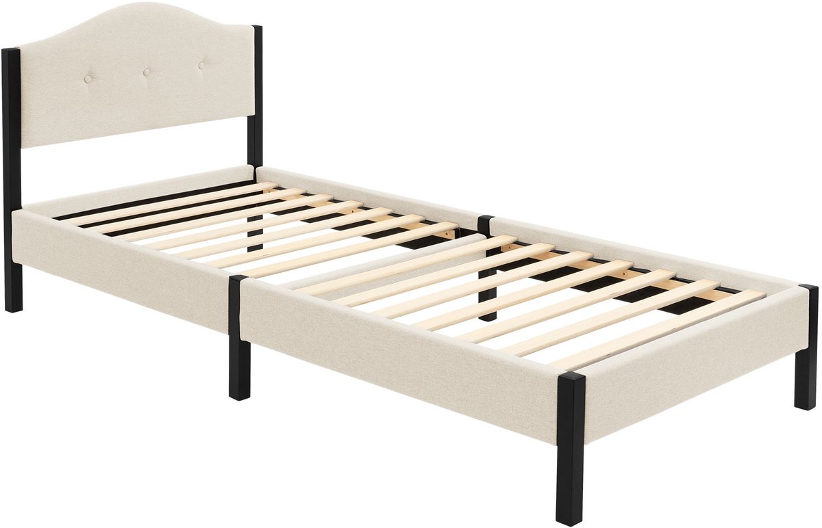 ml-design Gestoffeerd bed 90 x 200 cm eenpersoonsbed, stabiel bedframe serie, linnen bedombouw met gecapitonneerd hoofdbord en lattenbodem, modern linnenbed met stevig stalen frame en houten poten, comfortabel beige tweepersoonsbed voor slaapkamer