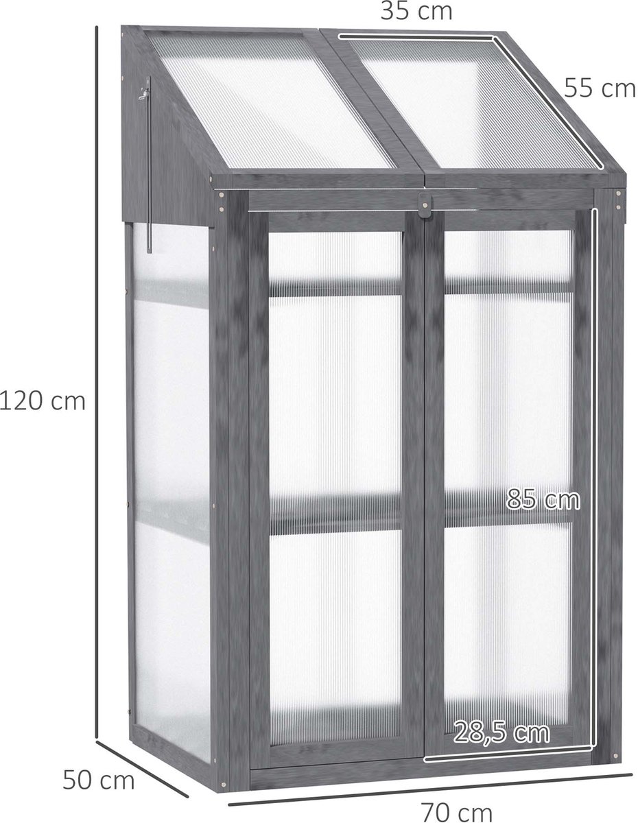 Minikas plantenkweekbak houten cold frame 70x50x120cm grijs met 3 lagen planken en deksel dubbeldeurs ontwerp halfdoorzichtige vorstbeschermde kweekbak stevig duurzaam houten frame geschikt voor tuin balkon plant en groenteteelt – foto 7
