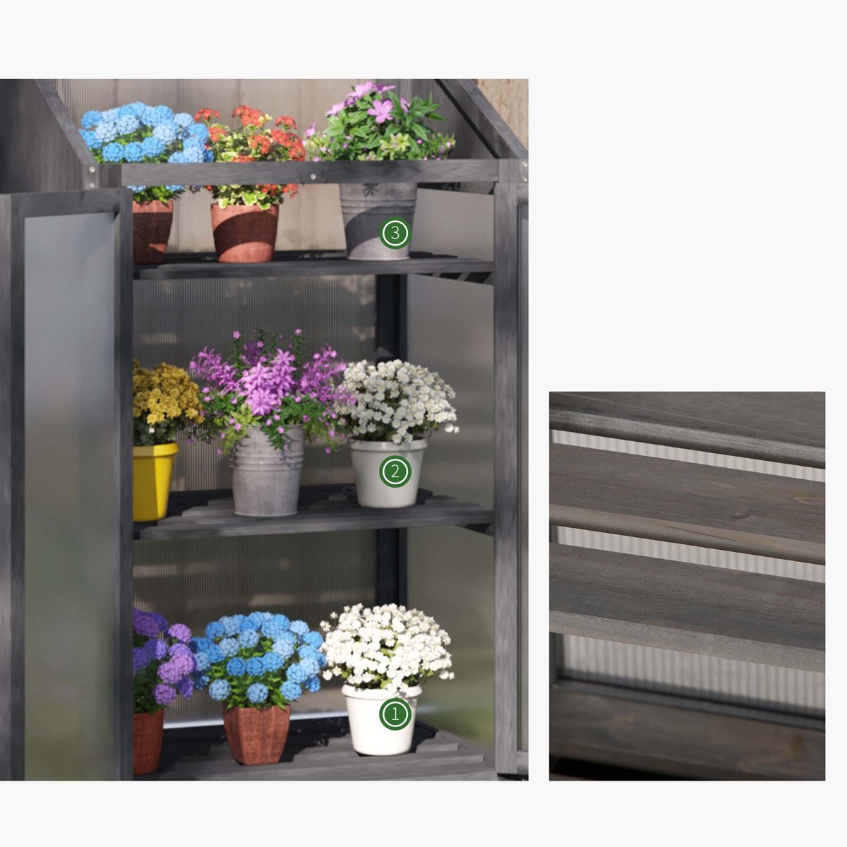 Minikas plantenkweekbak houten cold frame 70x50x120cm grijs met 3 lagen planken en deksel dubbeldeurs ontwerp halfdoorzichtige vorstbeschermde kweekbak stevig duurzaam houten frame geschikt voor tuin balkon plant en groenteteelt – foto 3