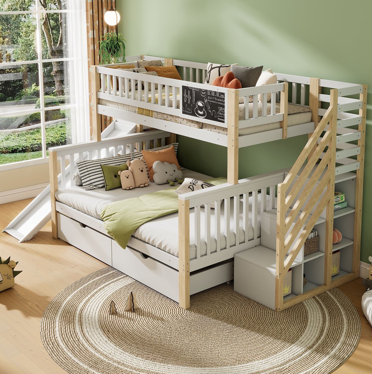 DESMIU Stapelbed 140x200 cm en 90x200 cm – Met Glijbaan En Krijtbord – Opbergruimte In Trap – Voor Kinderkamer – Massief Hout – Wit Naturel – Zonder Matras