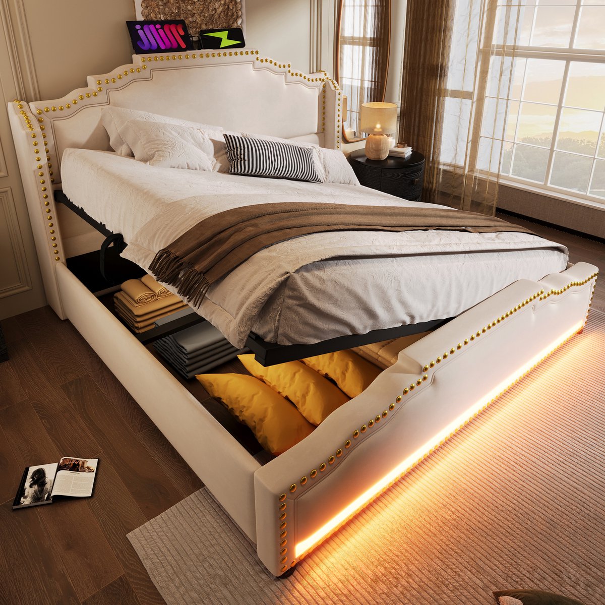 DESMIU Gestoffeerd Bed 140x200cm – Hydraulisch Stauraambed Met Led Verlichting En Oplaadpoorten – Opbergruimte Onder Bed – Voor Slaapkamer – Velours – Beige – Zonder Matras