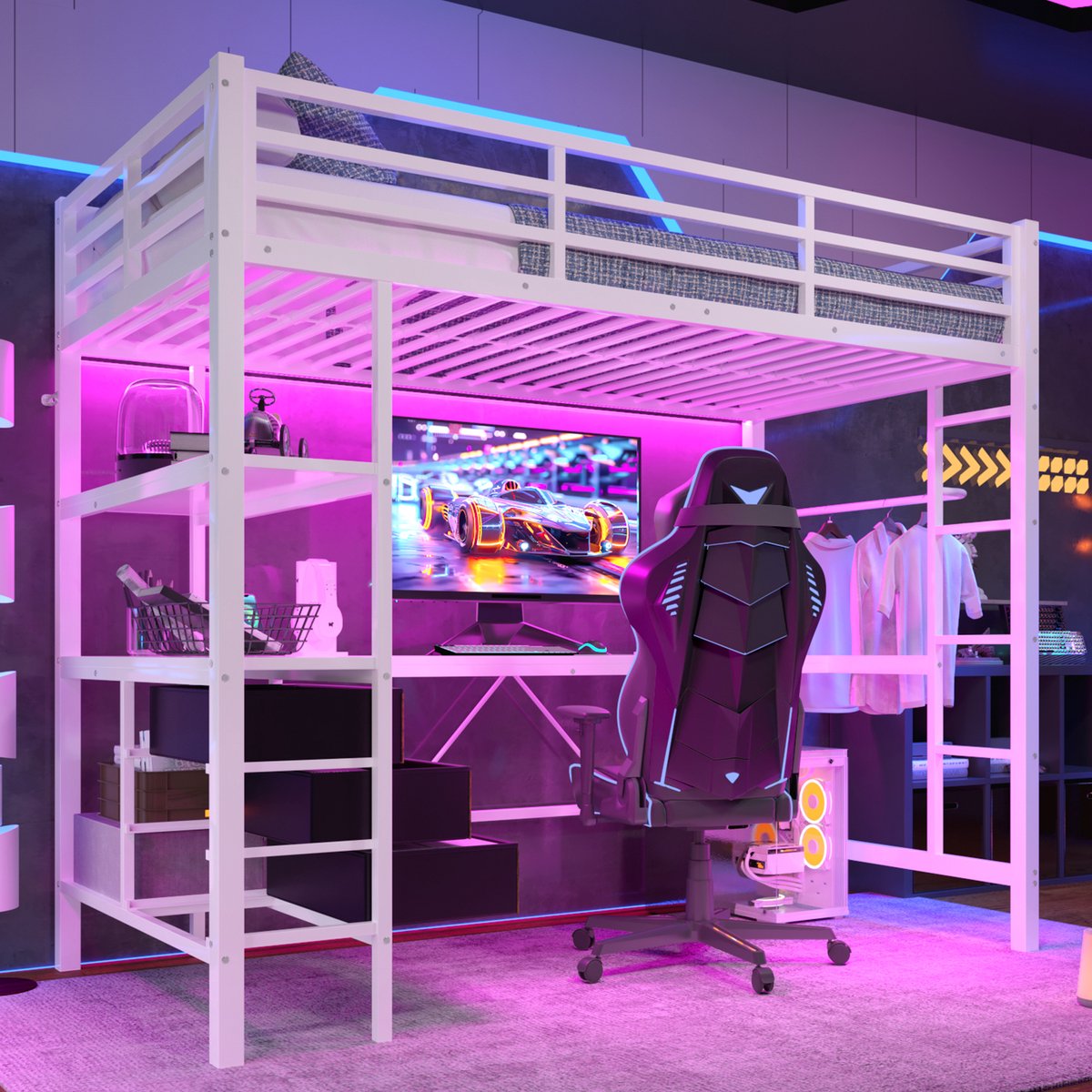 DESMIU Hoogslaper 90 x 200 cm Met Matrasloos Ontwerp – Bed Met Ledverlichting, Bureau, Stopcontact En Usb – Met Opberglades En Planken – Voor Jeugd Kamer En Studieruimte – Metaal En Mdf – Wit