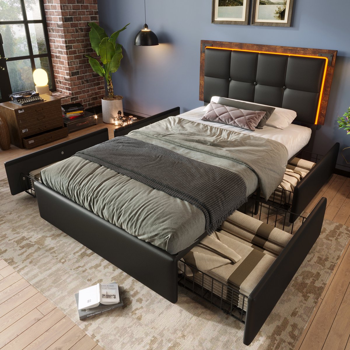 DESMIU Gestoffeerd Bed 90x200 Cm Met Ledverlichting En 4 Lades Verstelbaar Hoofdbord Opbergbed Voor Slaapkamer Kunstleer Zwart Zonder Matras