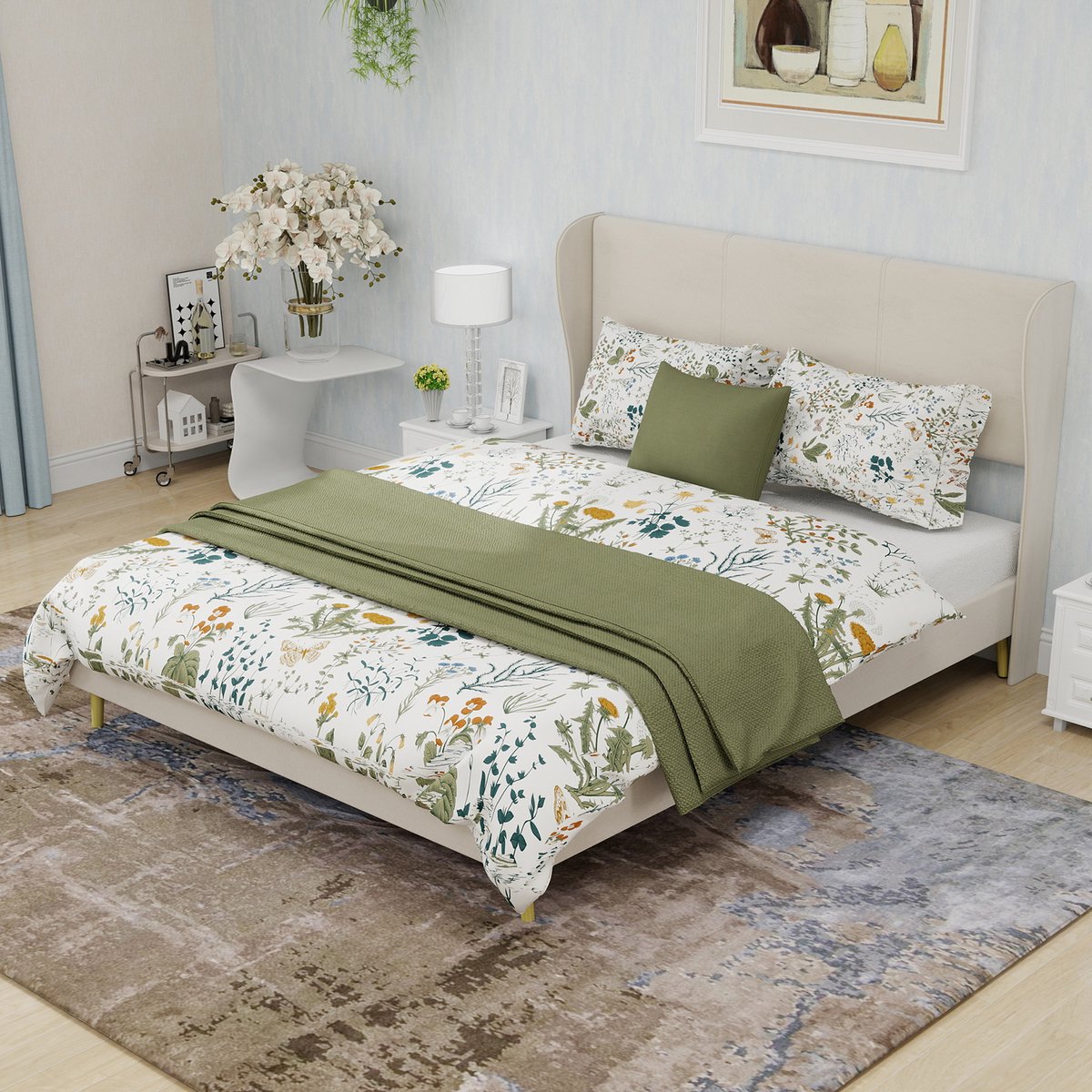 DESMIU Gestoffeerd Bed 140x200cm – Modern Bedframe Met Zacht Hoofdbord – Lage Slaapoplossing Voor Slaapkamer – Stof En Metaal – Beige – Zonder Matras