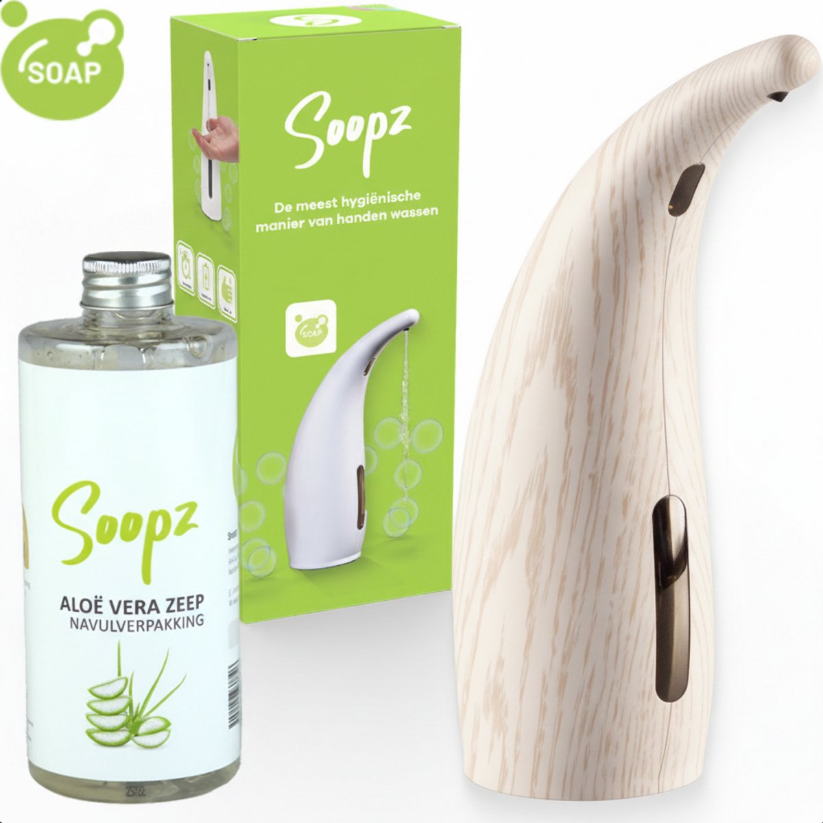 Soopz Automatische Zeepdispenser – Wit – White Wood Classic – Zeeppompje met Bewegingssensor – Met Aloë Vera Zeep