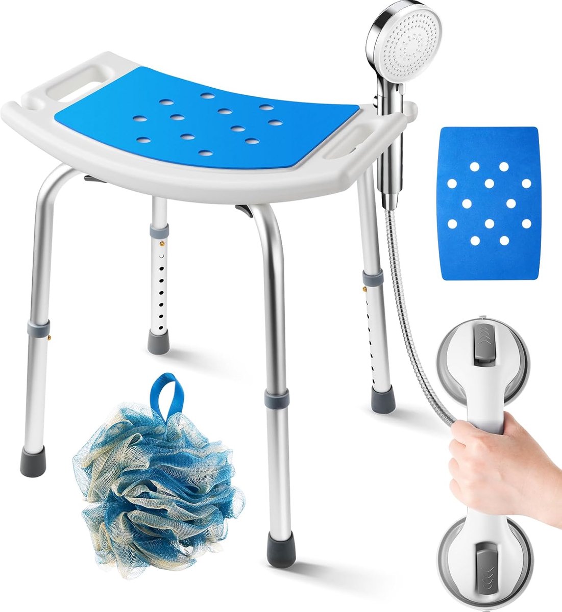 Douchekruk met rugleuning - Douchezitje bad - Veilig douchen - Verstelbare hoogte - 39 cm - Blauw