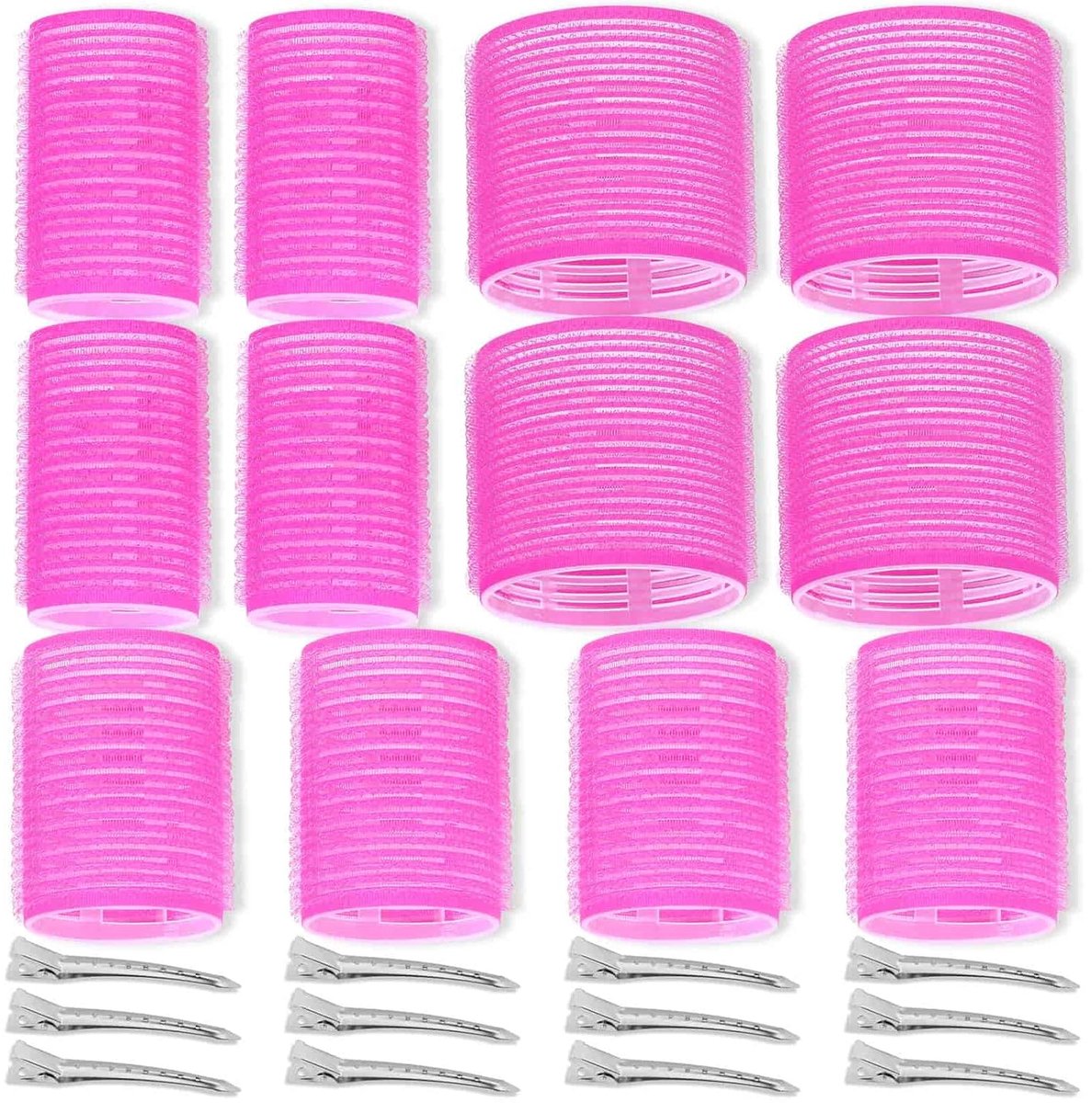 Zelfklevende haarkrulspeldenset - 24 stuks, 3 maten (4 extra groot, 4 groot, 4 middelgroot) en 12 clips, geschikt voor lang haar, kort haar, dik of fijn haar, om volumineuze kapsels te creëren.