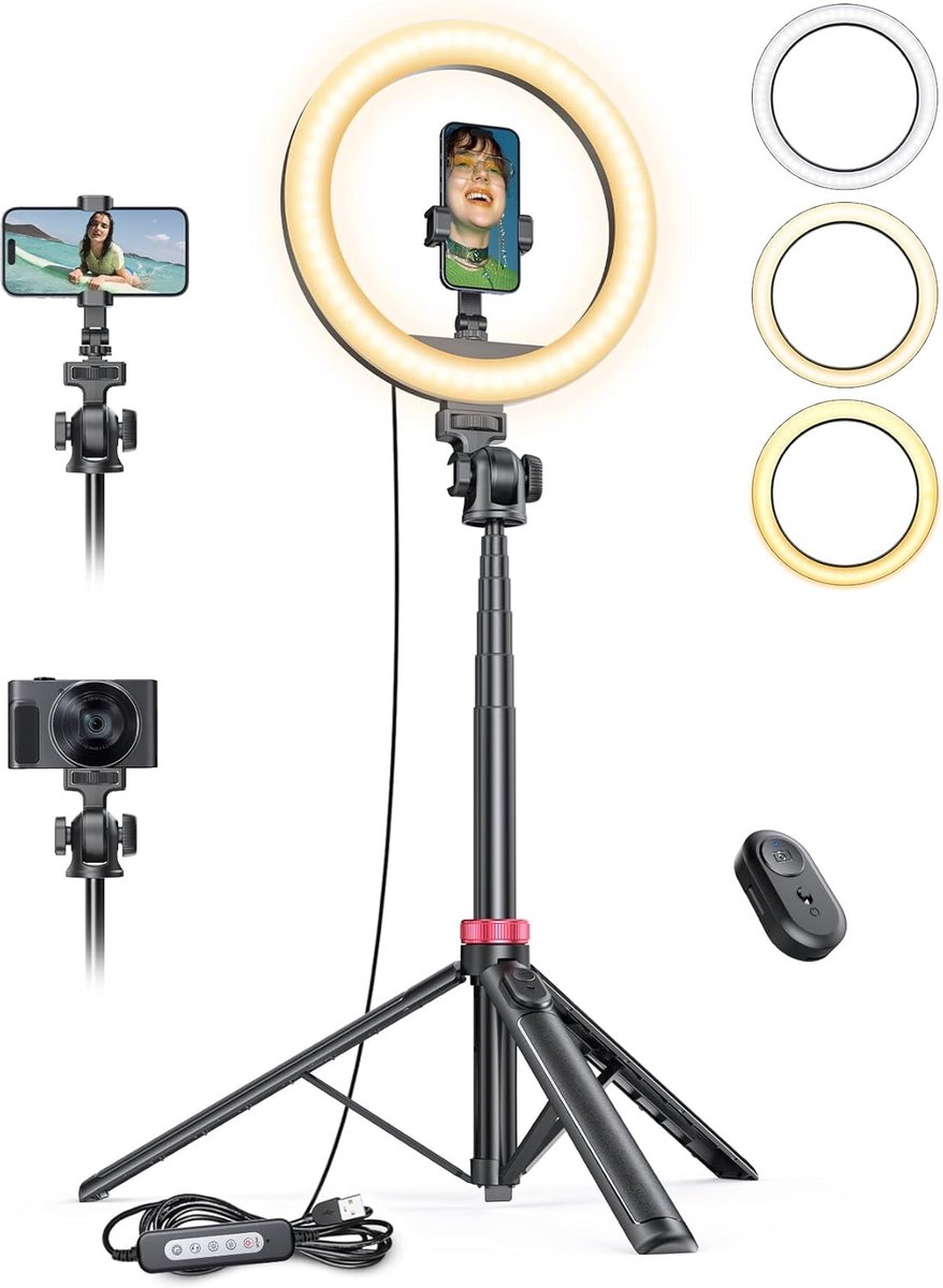 Ring Light met Statief - Selfie Lamp Ringlamp - Content Creëren - Verstelbare Hoogte - 25 cm - Zwart