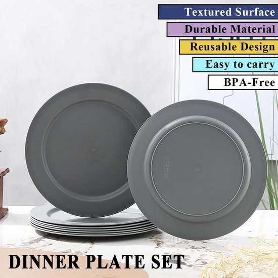 Kunststof Borden Set - 8 Delige Serviesset - 25 cm Diameter - Onbreekbaar en Magnetronbestendig - Voor Picknick Camping en Thuisgebruik - Grijs — afbeelding 4