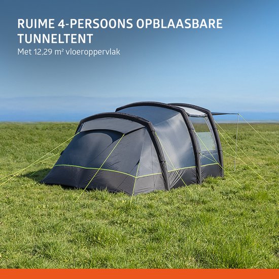 Grijze opblaasbare 4-persoons tunneltent met 12,29 m² vloeroppervlak.