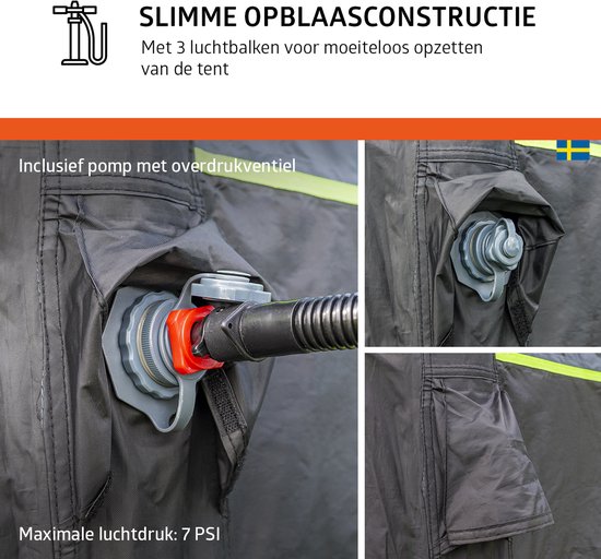 Pomp met overdrukventiel voor de slimme opblaasconstructie.