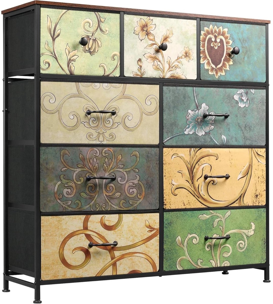 SmartLiving.Store - Ladekast - Dressoir - Ladenkastje - Kleurrijke Dressoir Kasten - Metalen Frame - 9 Stoffen Laden - 100 x 100 cm