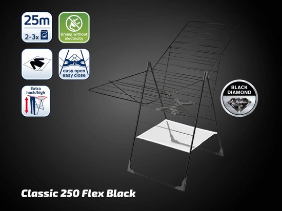 Zwart Classic 250 Flex droogrek met 25m drooglengte, drogen zonder elektriciteit, extra hoog.
