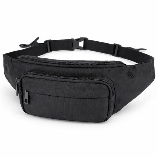 Sac banane noir avec deux compartiments zippés et une sangle réglable.