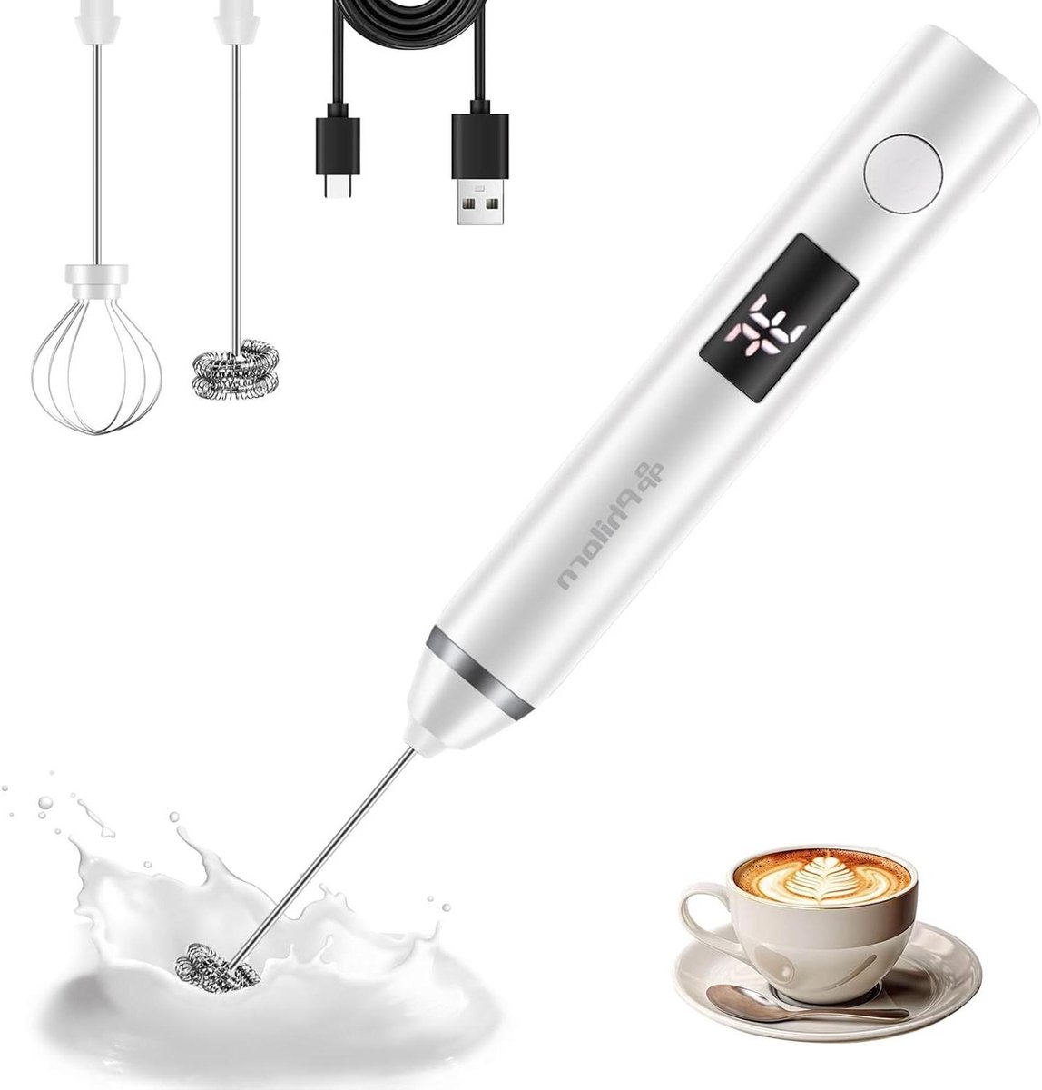 Elektrische melkopschuimer Staaf opschuimer Koffie maken USB-C oplaadbaar 3 standen Wit