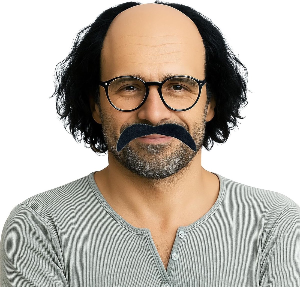 Realistisch kostuum voor oude mannen met een kaal hoofd, inclusief zonnebril en baard, perfect voor Halloween en carnaval, grappige cosplay-accessoire voor volwassenen
