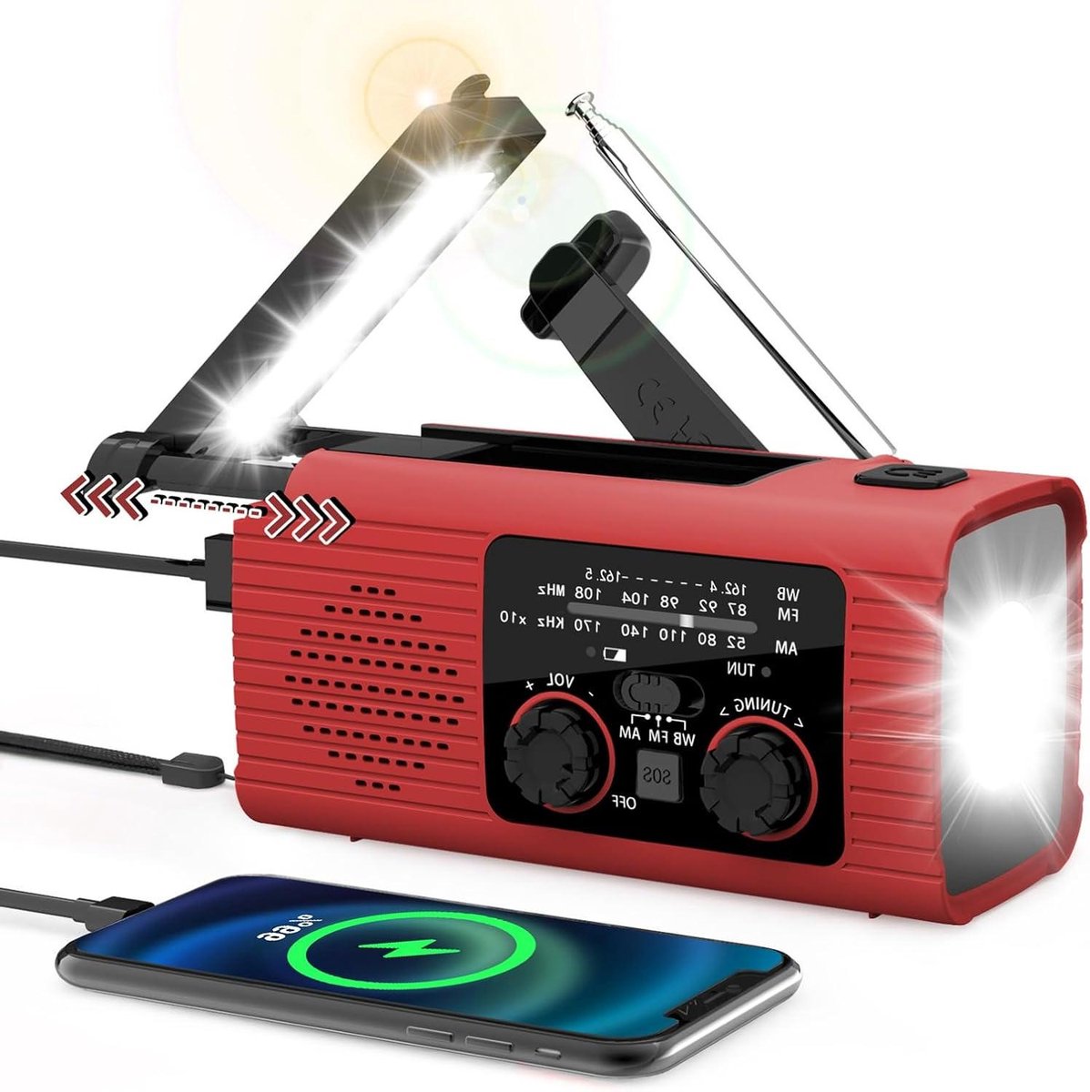 Draagbare Noodradio - Weerradio Buitenradio - Noodsituaties Kamperen - Zonne-energie Handslinger - 4000 mAh Batterij - Rood