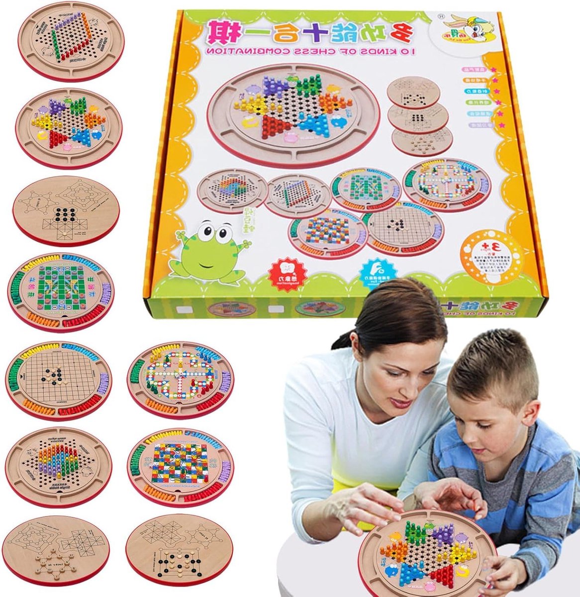 Houten Schaakspel - Draagbaar Schaken - Strategisch Spel - Meerdere Spellen - 37.5 x 37 x 4.5 cm - Houtkleur