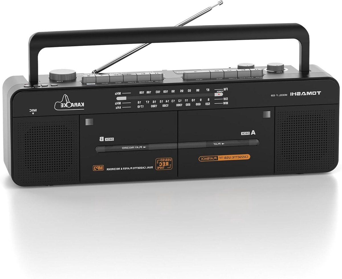 Cassettebandspeler - Dubbel Cassettedeck - Muziek Afspelen - Tape-naar-USB Opname - 42 x 13 x 12 cm - Zwart