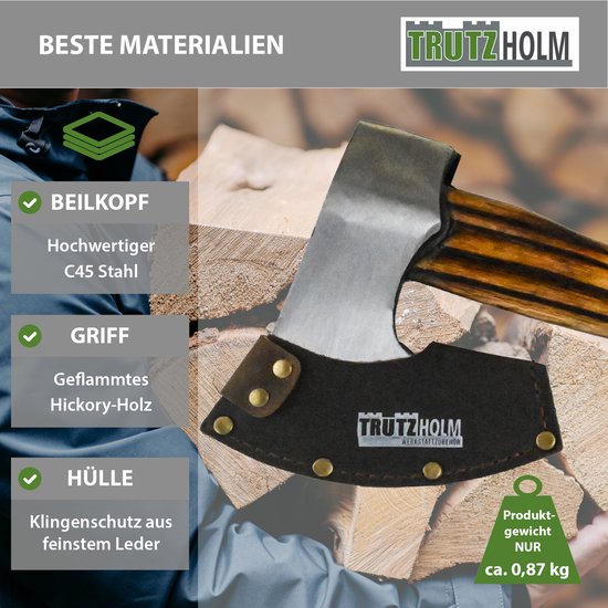TRUTZHOLM Vintage Handbijl 500g - Gevlamd Hickoryhout 320mm - Gesmede Stalen Trekkingbijl Outdoor met Lederen Bescherming van TRUTZHOLM — afbeelding 5