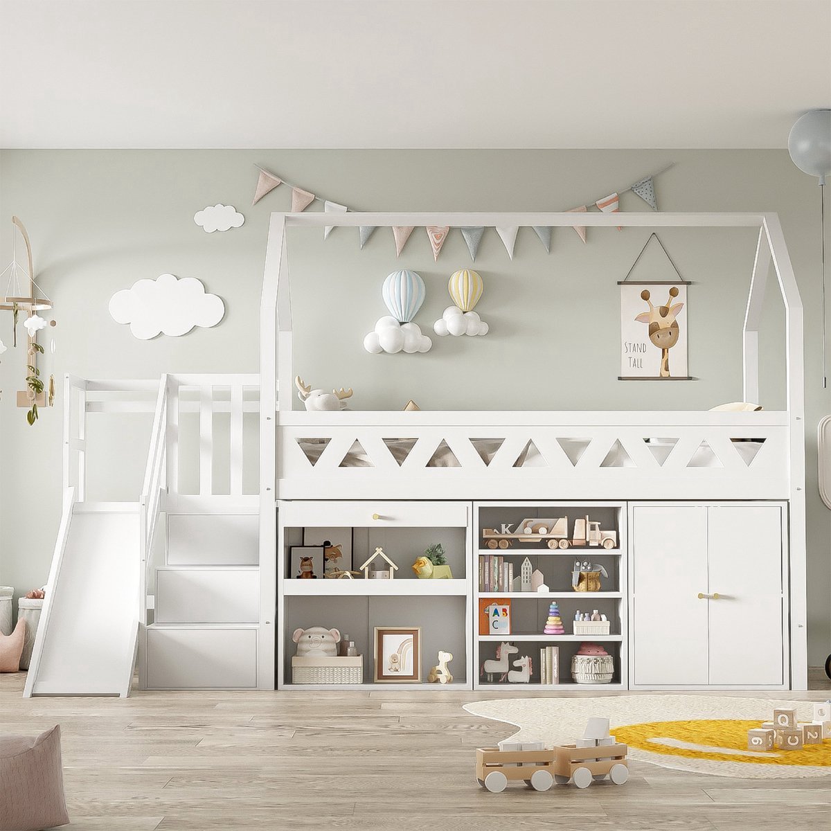 VVBV Hoogslaper 90x200cm - Met Glijbaan En Trappenkast - Kinderbed Met Schuiflades - Massief Hout + MDF - Wit (Zonder Matras)