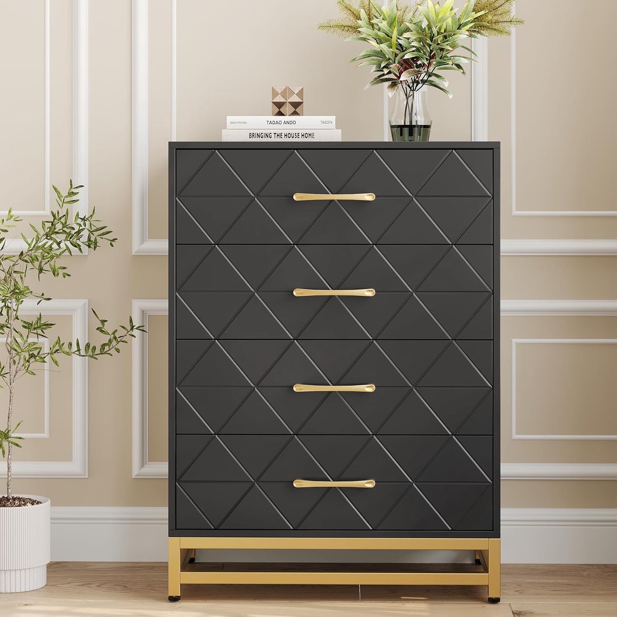 HOERFURIY Moderne Commode met 4 Laden - Luxe Ladekast met Gouden Handgrepen - Metalen Poten - Houten Opbergkast voor Slaapkamer, Woonkamer & Hal - 92 cm Hoog - Zwart
