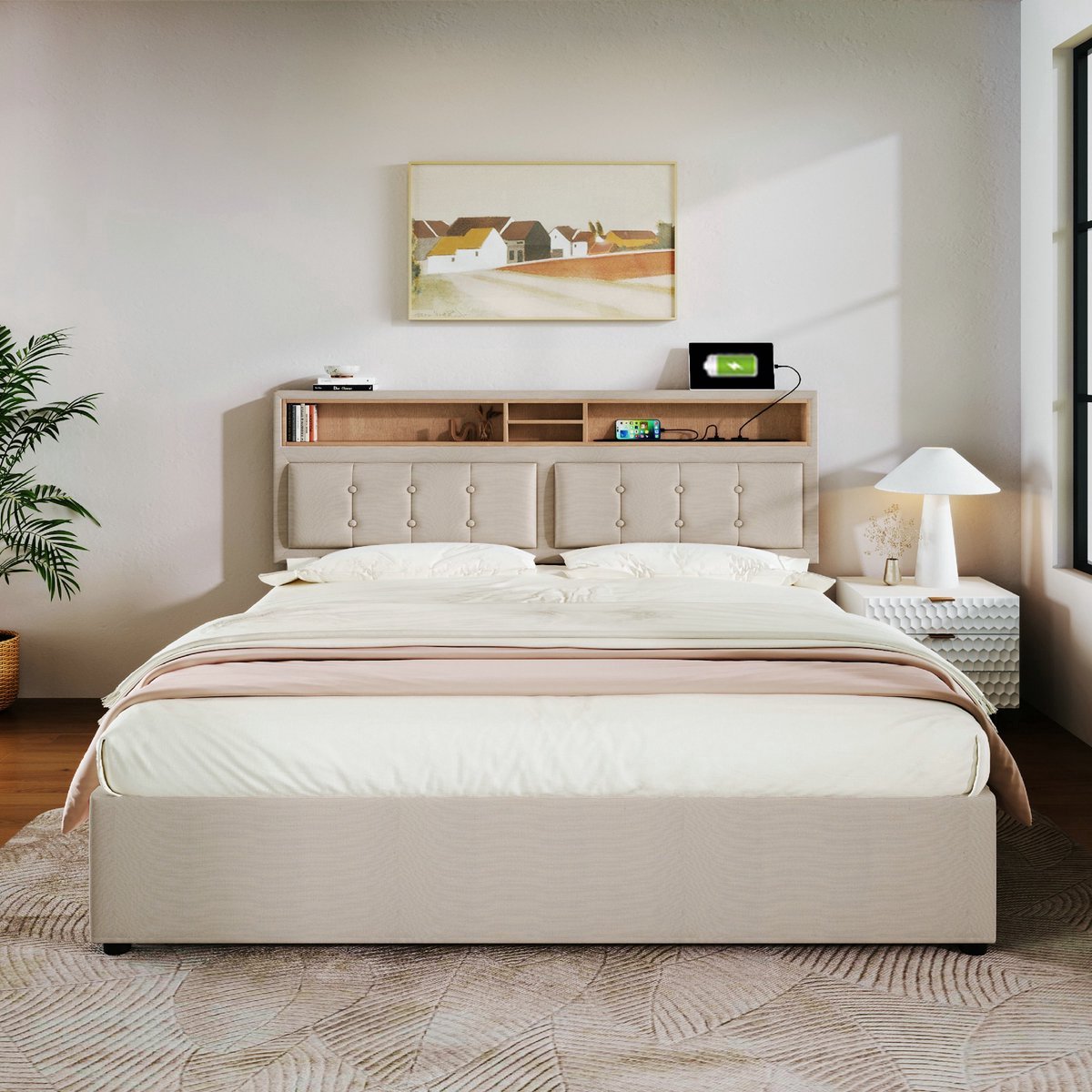 VVBV Bed met opbergruimte 140x200 / Gestoffeerd bed 140x200 / Tweepersoonsbed 140x200 – Tienerbed – met USB, USB-C, Stopcontact, Lattenbodem – Hoofdbord Beige