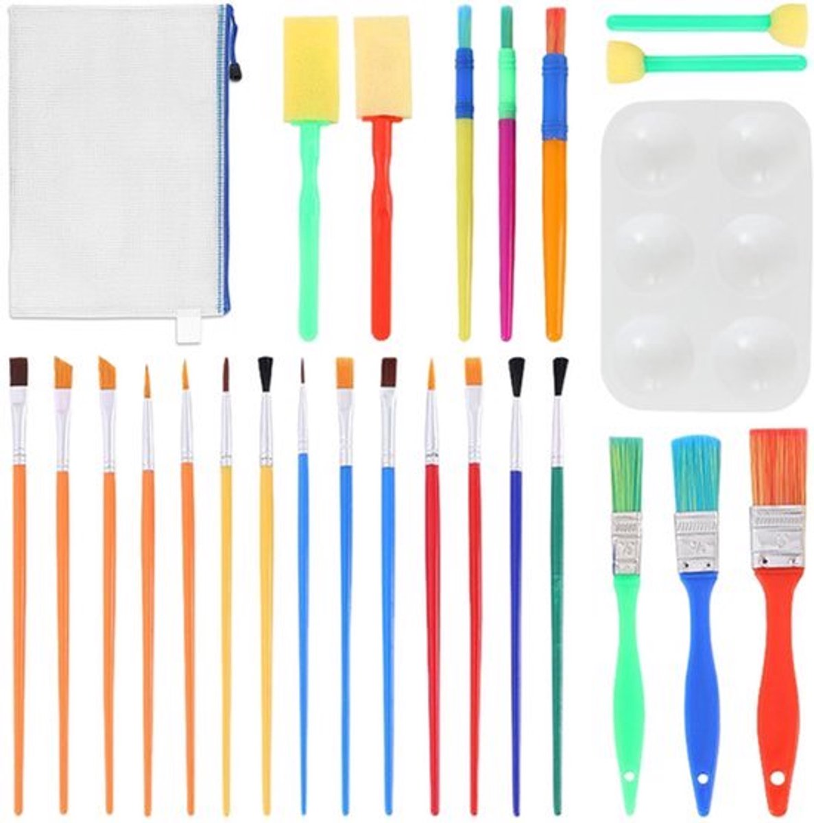 25-Delige Schilderbrush Set - Kleurige Penselen en Spons - Inclusief 1 Etui