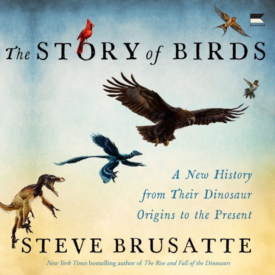 Boek kaft met de titel 'The Story of Birds', met afbeeldingen van prehistorische vogels en dinosaurussen.
