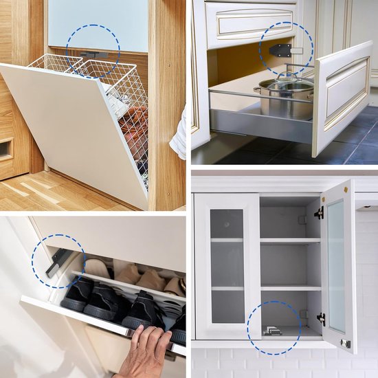 Uitschuifbare mand, schoenenkast, keukenkastdeur, glazen kastdeur met magnetische sluitingen.