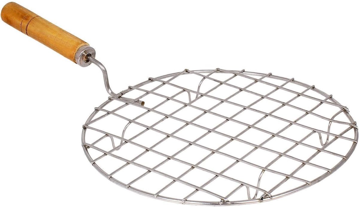 Rond Draadrooster van IJzer met Houten Handgreep – 8 Inch Papad & Roti Grill