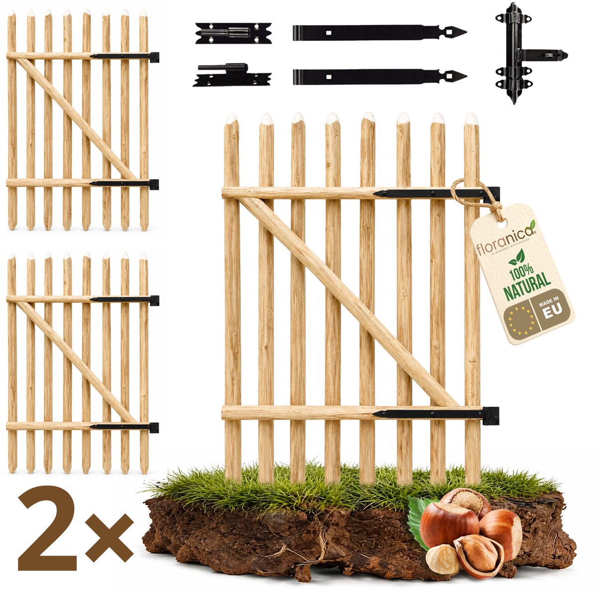 Floranica Tuinpoort van hazelaarshout voor staketsel Hoogte 70 x 100 cm 2-vleugelig – kant
