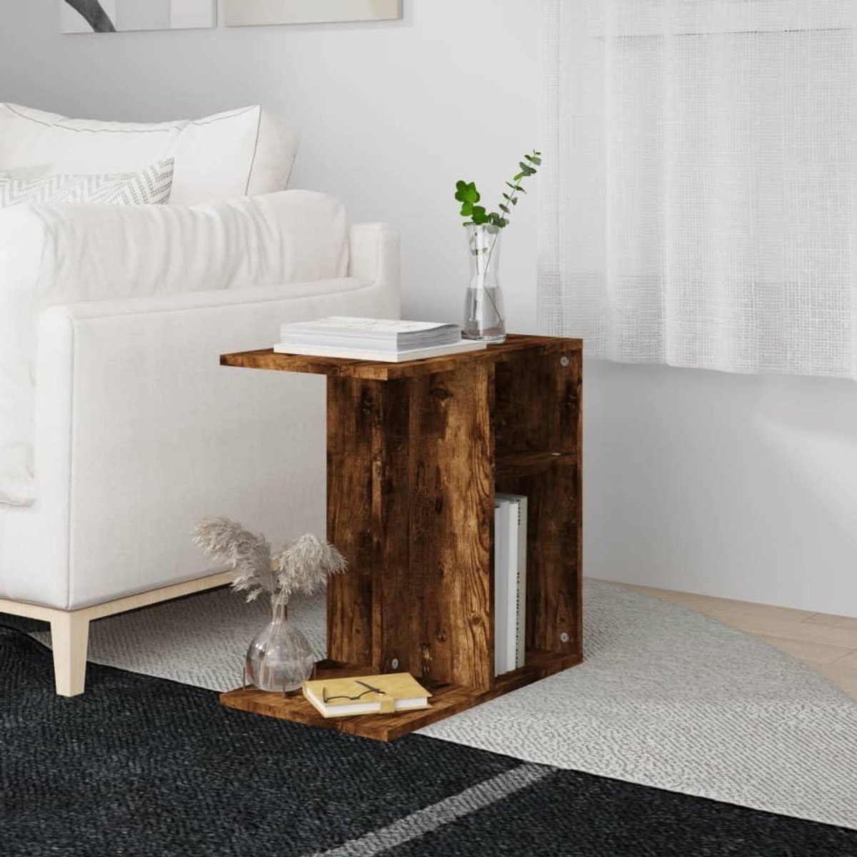 Bijzettafel Gerookt Eiken - Houten Tafel Bloem - Opbergen Decoratie - Flexibel Plaatsbaar - 50x30x50 cm - Eiken