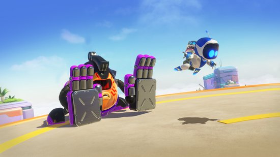 Een grote paarse en oranje robot met grote vuisten ligt op een zandpad, terwijl een kleine witte robot wegvliegt. Blauwe en paarse gebouwen op de achtergrond.