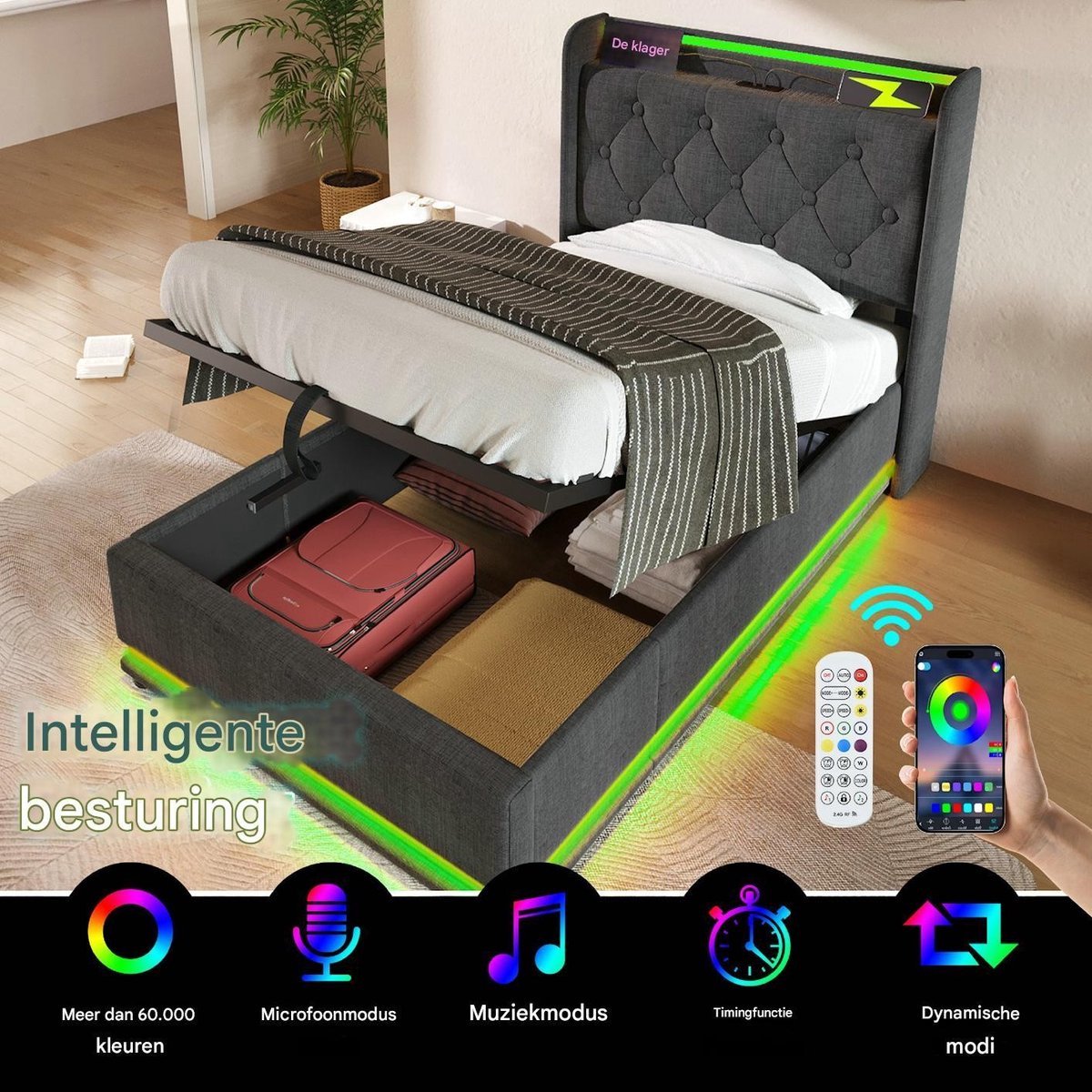 VVBV Gestoffeerd Bed 90x200 cm met 360° LED, App-bediening - Afstandsbediening, USB-C - Linnen Grijs - Zonder Matras