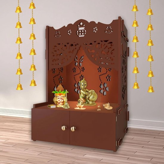Houten tempel thuis - Pooja mandir - Gebedsruimte inrichten - Met focuslicht - 96.5 x 57.1 x 45.7 cm - Wit van houten — afbeelding 2
