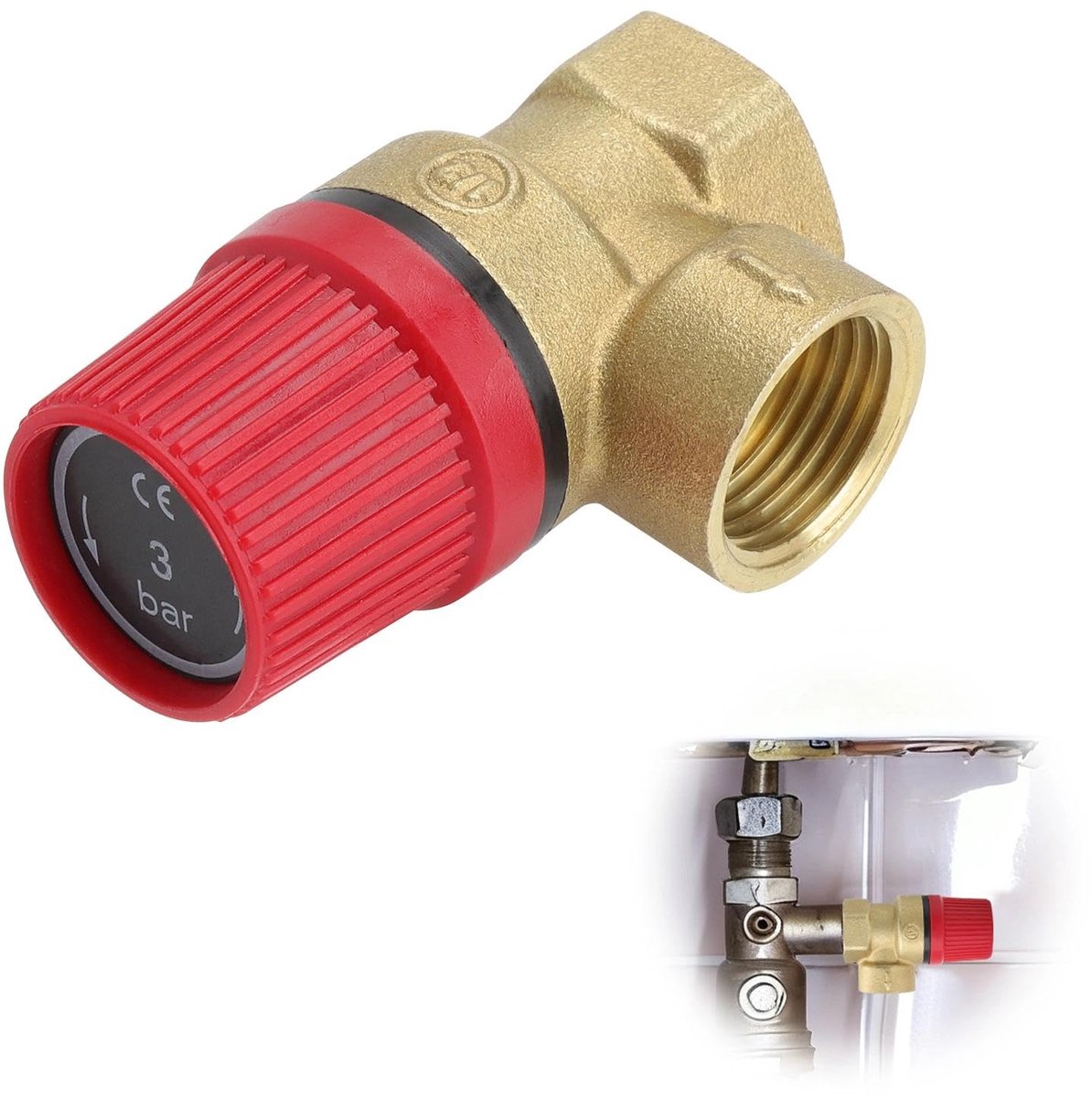 carmdering - Drukbeveiligingsklep - Veiligheidsventiel - Overdrukbeveiliging - Precieze 3 Bar Regeling - Universele 1/2 Inch Aansluiting - Messing H59 Legering - Corrosiebestendig Ontwerp - Eenvoudige Doe-Het-Zelf Installatie - 1 Stuk